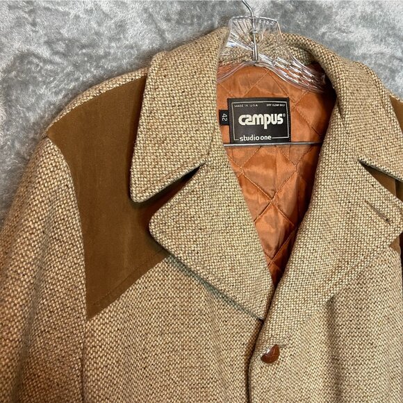 Vintage 70s Campus Tweed Wool USA Made Mid Length Heavy Insulated Overcoat 42 - Picture 3 of 14
